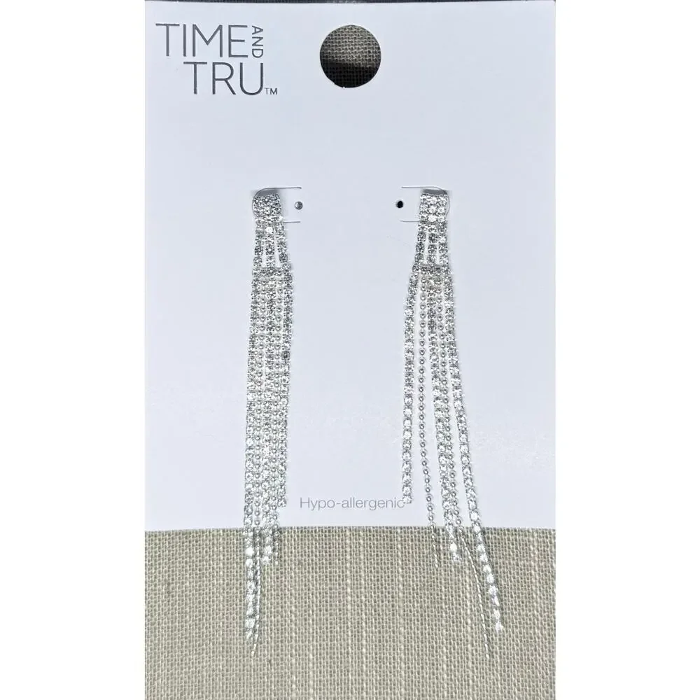 🧚🏻‍♀️ Rhinestone Fringe Earrings Silver 4” Dangle Statement Hypoallergenic NIP